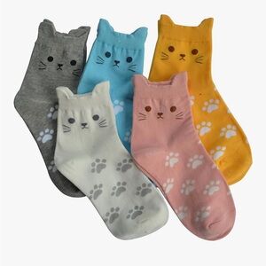 Cat Paw Print Socks Set - Gray, Blue, White, Pink, Yellow